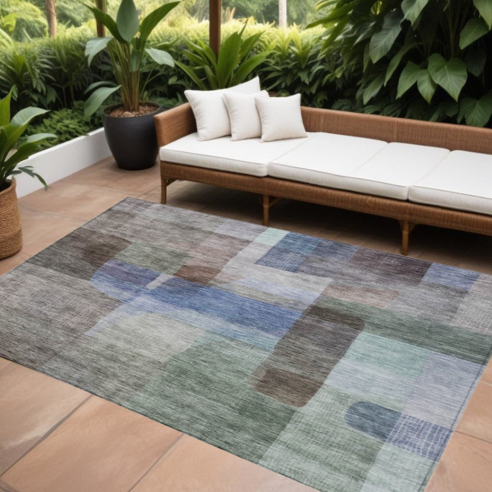 HomeRoots 9' X 12' Abstract Washable Area Rug in Brown, Green & Blue - Perfect for Indoor/Outdoor Spaces! 604280