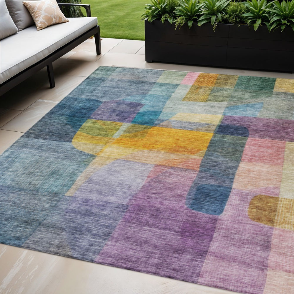 HomeRoots 5' Abstract Area Rug in Blue, Green, and Purple – Durable, Washable, Indoor/Outdoor Modern Design 5' X 8' 604283
