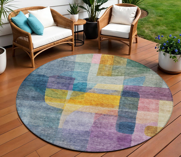 Homeroots 3' Abstract Washable Indoor Outdoor Area Rug In Brown, Green, And Blue - Durable And Stylish Decor 8' Round Polyester 604284