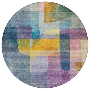 HomeRoots 5' Abstract Area Rug in Blue, Green, and Purple – Durable, Washable, Indoor/Outdoor Modern Design 8' Round 604284