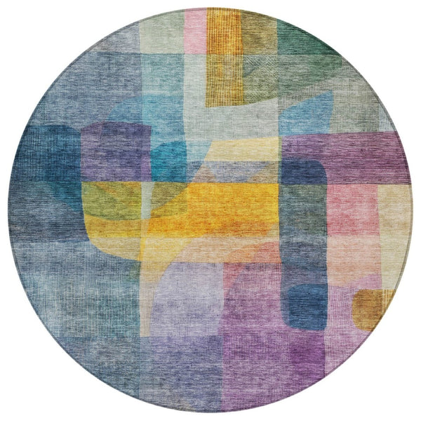 HomeRoots 5' Abstract Area Rug in Blue, Green, and Purple – Durable, Washable, Indoor/Outdoor Modern Design 8' Round 604284
