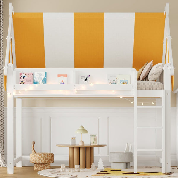 English Elm Full Size Solid Wood Loft Bed with Canopy Led Lighting and Integrated Bookshelf White N7090002242K