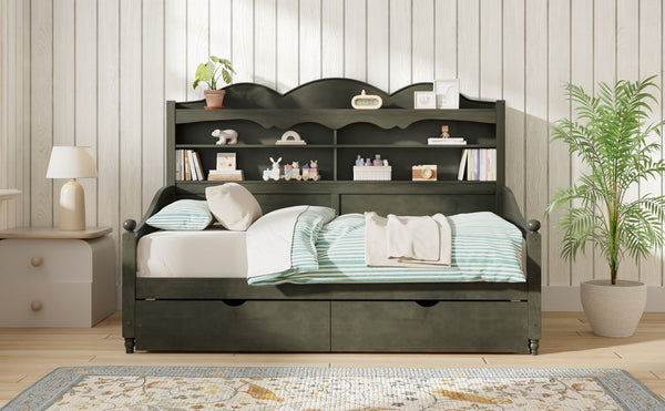English Elm Twin Daybed Retro Wood Frame with Under Bed Drawers and Headboard Shelving Antique Grey N733S415358E