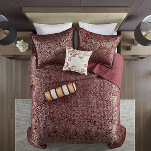 English Elm 5 Piece Aubrey Reversible Jacquard Bedspread Set King with Paisley Motif, Gold Sheen, Quilted Elegance Burgundy 22.83 L x 18.11 W x 8.27 H B03597643