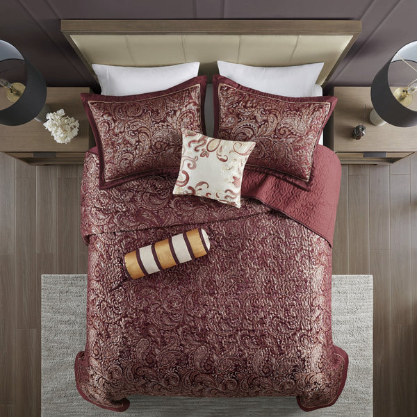 English Elm 5 Piece Aubrey Reversible Jacquard Bedspread Set King with Paisley Motif, Gold Sheen, Quilted Elegance Burgundy 22.83 L x 18.11 W x 8.27 H B03597643