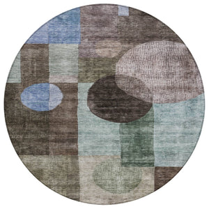 HomeRoots 5' Modern Geometric Area Rug in Brown, Blue & Green - Washable, Durable for Indoor & Outdoor Use 8' Round 604308