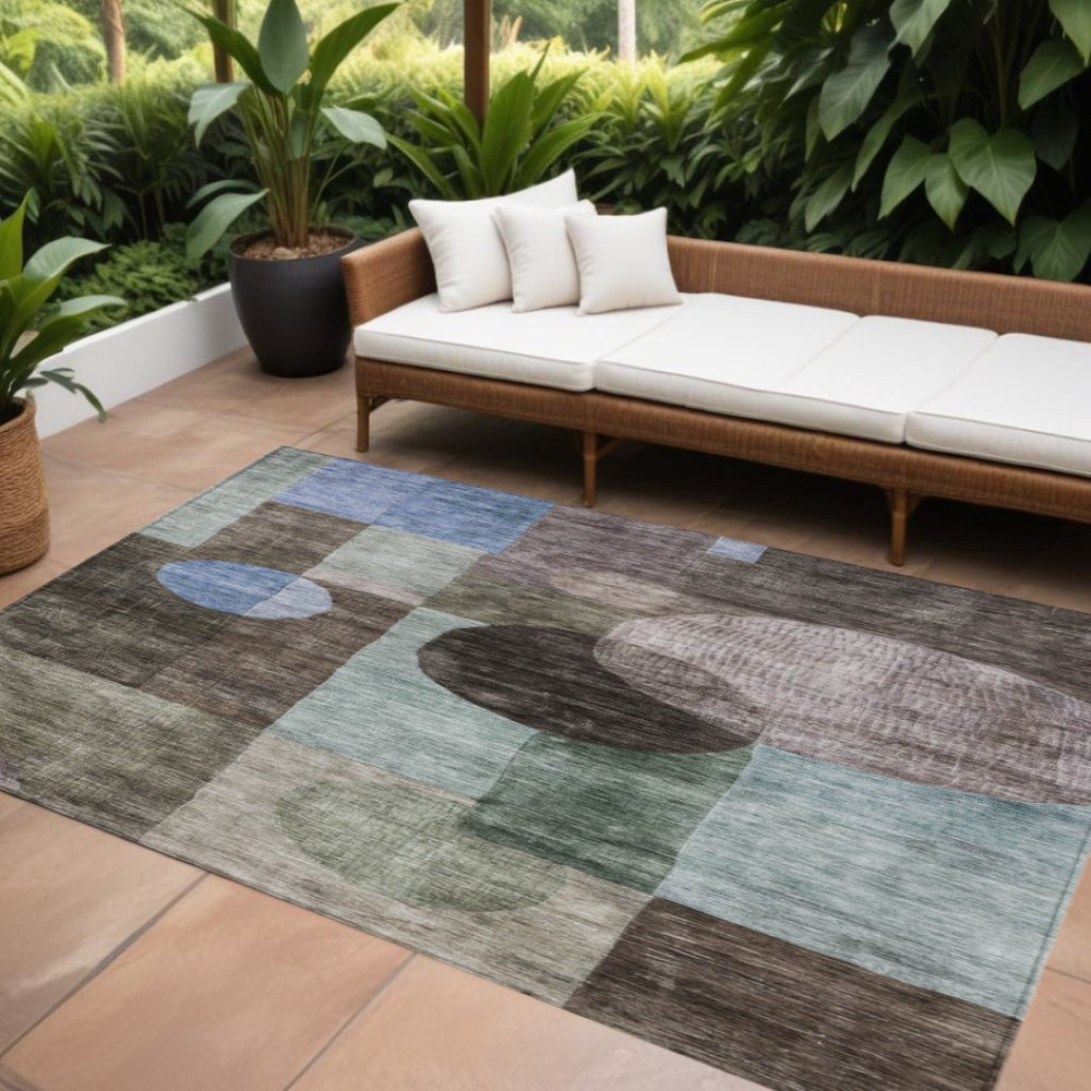HomeRoots 9' X 12' Stylish Brown, Blue & Green Geometric Area Rug - Washable, Durable for Indoor & Outdoor Use! 604310