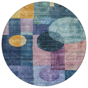 HomeRoots 5' Modern Geometric Blue Green Copper Washable Area Rug for Indoor Outdoor Living Spaces 8' Round 604314
