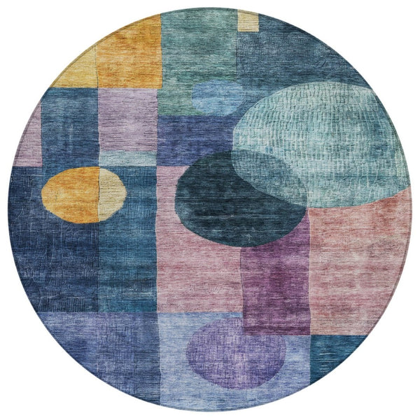 HomeRoots 5' Modern Geometric Blue Green Copper Washable Area Rug for Indoor Outdoor Living Spaces 8' Round 604314