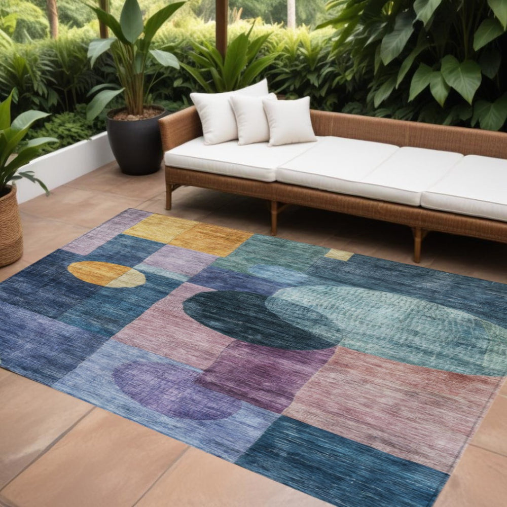 HomeRoots 9' Premium Geometric Area Rug in Blue, Green & Copper - Washable, Durable for Indoor/Outdoor Use 604316
