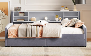 English Elm Twin Velvet Upholstered Platform Bed with Plush Headboard, Underbed Drawers & Hidden Cabinet Storage Gray SF000183AAE