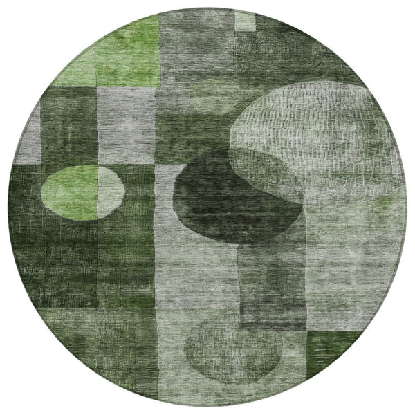 HomeRoots 5' Modern Fern Green and Gray Geometric Area Rug - Machine Washable for Indoor and Outdoor Use 8' Round 604320