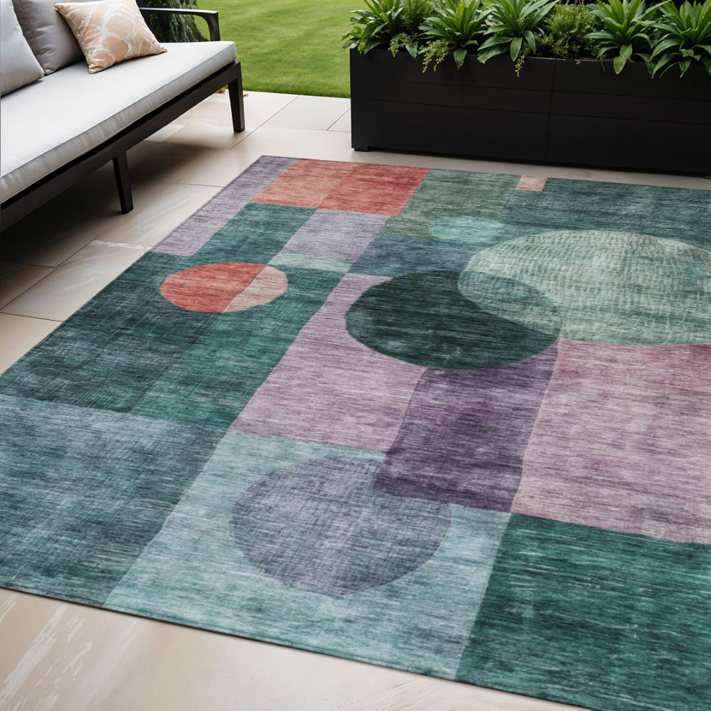 HomeRoots 5' Geometric Washable Area Rug in Green, Copper, and Purple – Perfect for Indoor and Outdoor Use! 5' X 8' 604325