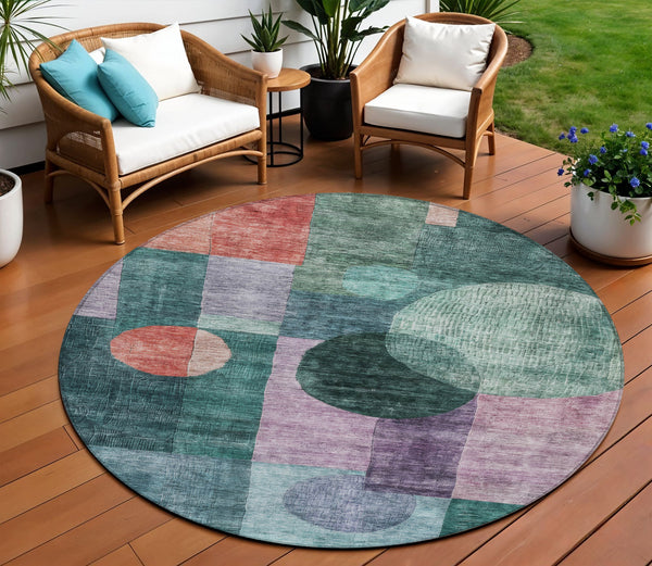 Homeroots 3' Stylish Geometric Indoor Outdoor Area Rug - Washable, Stain-resistant, Perfect For High Traffic Spaces 8' Round Polyester 604326