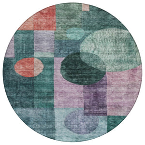 HomeRoots 5' Geometric Washable Area Rug in Green, Copper, and Purple – Perfect for Indoor and Outdoor Use! 8' Round 604326