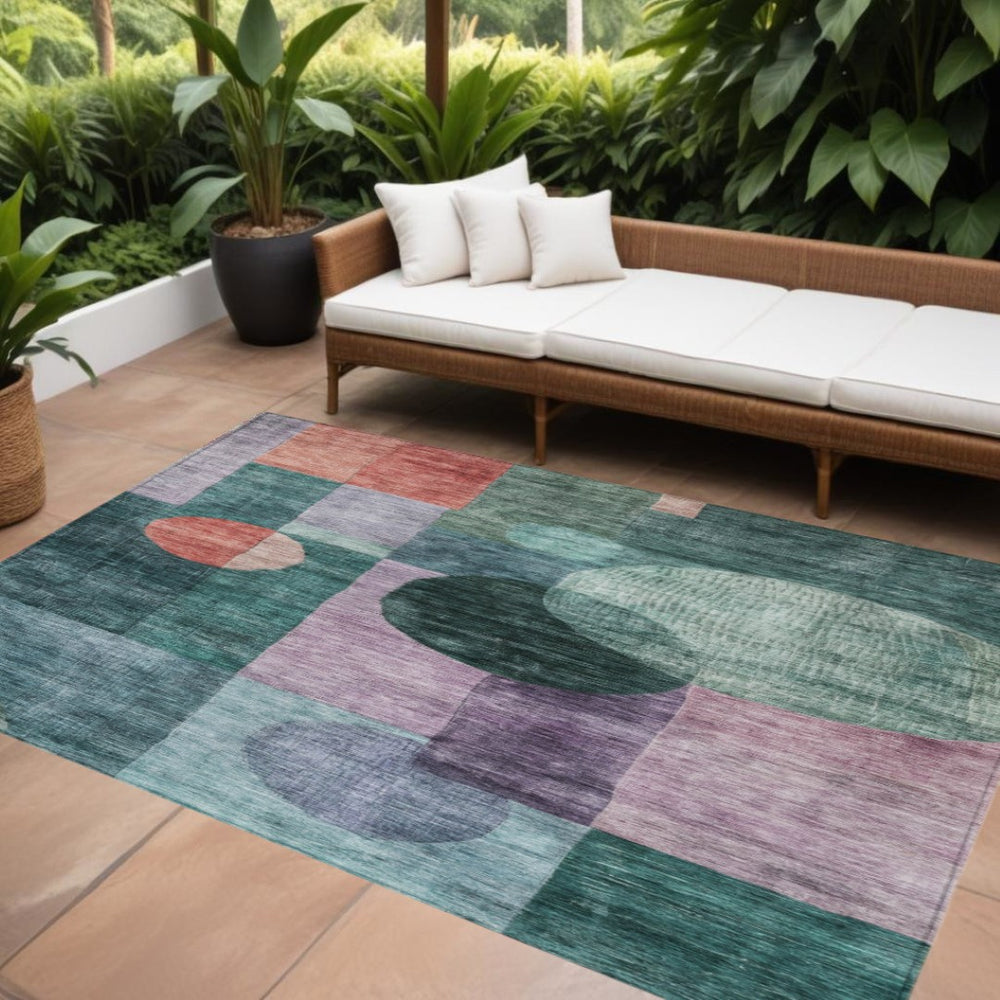 HomeRoots 9' X 12' Washable Indoor Outdoor Area Rug - Bold Green, Copper & Purple Geometric Design for Durability 604328