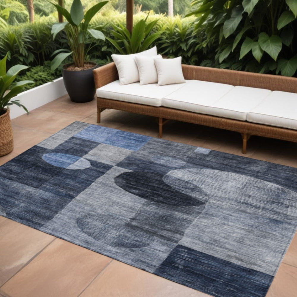 HomeRoots 9' X 12' Washable Navy Gray Charcoal Geometric Area Rug for Indoor Outdoor High-Traffic Spaces 604334