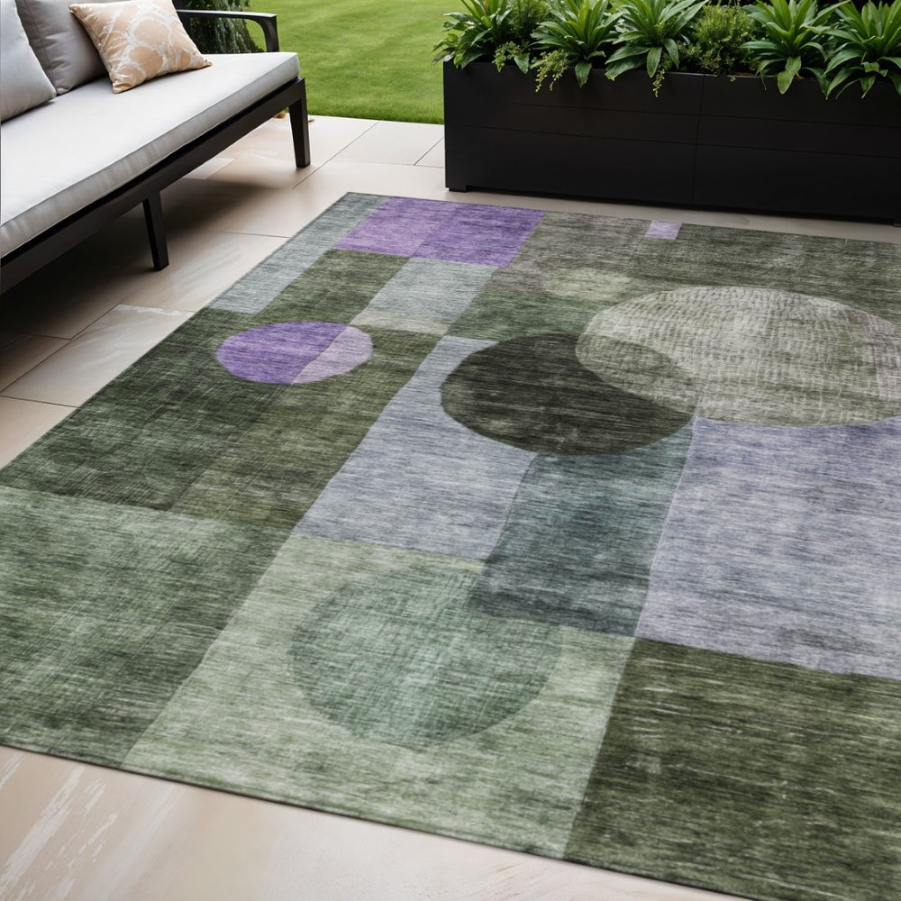 HomeRoots 5' Modern Olive Green, Charcoal & Purple Geometric Washable Indoor/Outdoor Area Rug for Any Space 5' X 8' 604337