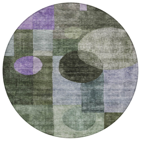 HomeRoots 5' Modern Olive Green, Charcoal & Purple Geometric Washable Indoor/Outdoor Area Rug for Any Space 8' Round 604338