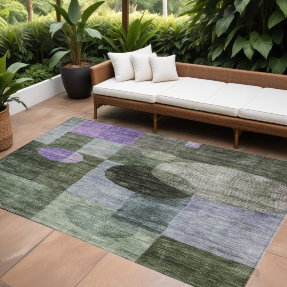 HomeRoots 9' X 12' Olive Green Charcoal & Purple Geometric Area Rug - Washable, Durable, Indoor/Outdoor Use 604340