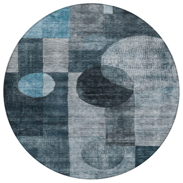 HomeRoots 5' Geometric Washable Area Rug in Teal Blue-Gray and Charcoal for Stylish Indoor & Outdoor Use 8' Round 604344