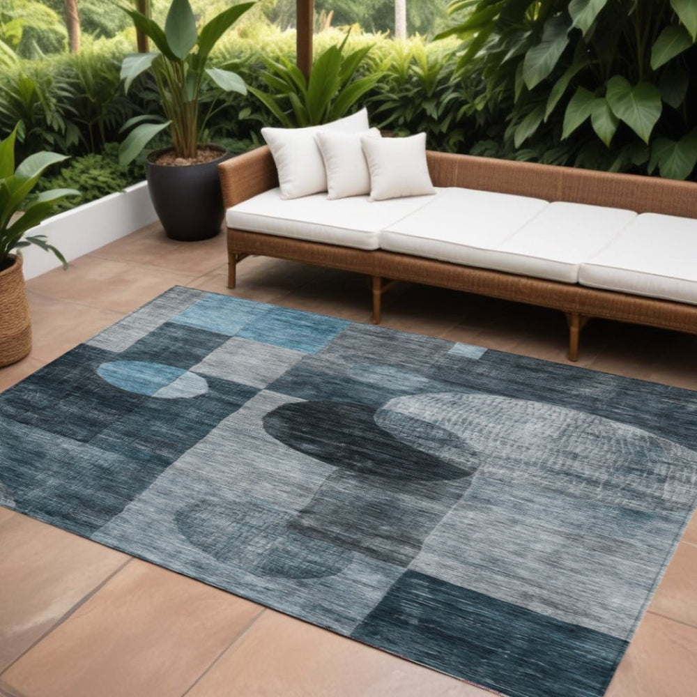 HomeRoots 5' Geometric Washable Area Rug in Teal Blue-Gray and Charcoal for Stylish Indoor & Outdoor Use 10' X 14' 604347