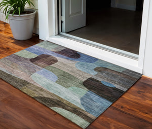 Homeroots 3' Abstract Washable Area Rug In Brown, Blue & Green - Perfect For Indoor & Outdoor Spaces! 3' X 5' Polyester 604354