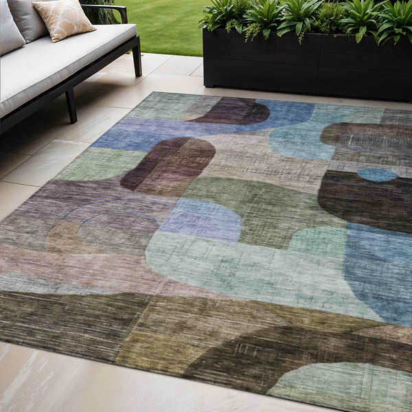 Homeroots 3' Abstract Washable Area Rug In Brown, Blue & Green - Perfect For Indoor & Outdoor Spaces! 5' X 8' Polyester 604355