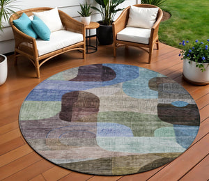 Homeroots 3' Abstract Washable Area Rug In Brown, Blue & Green - Perfect For Indoor & Outdoor Spaces! 8' Round Polyester 604356