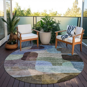 Homeroots 3' Abstract Washable Area Rug In Brown, Blue & Green - Perfect For Indoor & Outdoor Spaces! 8' Round Polyester 604356