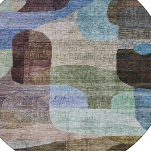 Homeroots 3' Abstract Washable Area Rug In Brown, Blue & Green - Perfect For Indoor & Outdoor Spaces! 8' Round Polyester 604356
