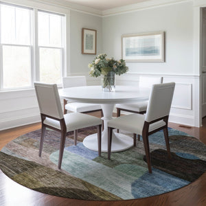 Homeroots 3' Abstract Washable Area Rug In Brown, Blue & Green - Perfect For Indoor & Outdoor Spaces! 8' Round Polyester 604356