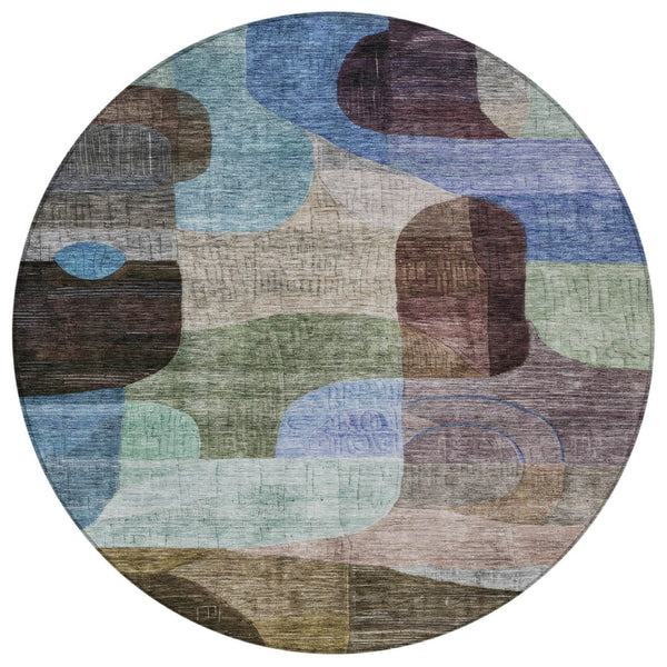 Homeroots 3' Abstract Washable Area Rug In Brown, Blue & Green - Perfect For Indoor & Outdoor Spaces! 8' Round Polyester 604356