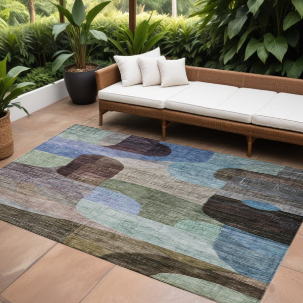 Homeroots 3' Abstract Washable Area Rug In Brown, Blue & Green - Perfect For Indoor & Outdoor Spaces! 8' X 10' Polyester 604357