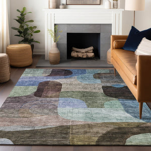 Homeroots 3' Abstract Washable Area Rug In Brown, Blue & Green - Perfect For Indoor & Outdoor Spaces! 8' X 10' Polyester 604357