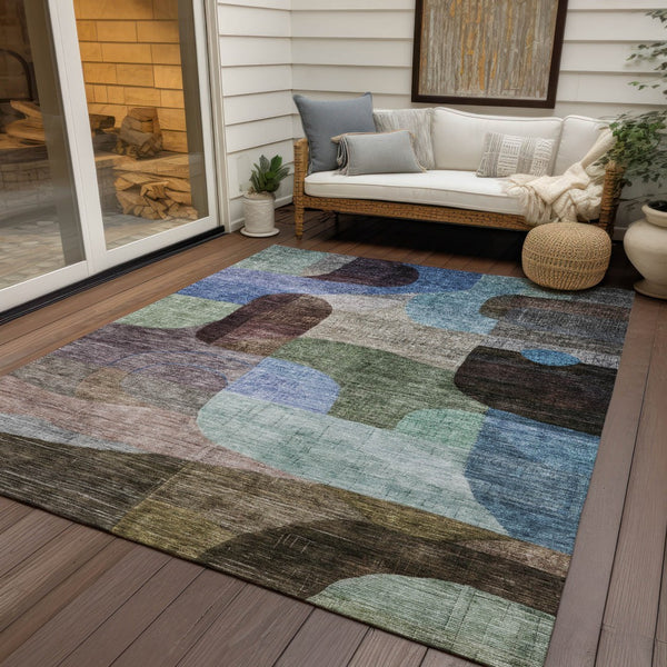 Homeroots 3' Abstract Washable Area Rug In Brown, Blue & Green - Perfect For Indoor & Outdoor Spaces! 9' X 12' Polyester 604358