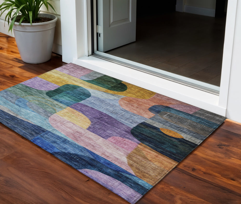 Homeroots 3' Abstract Washable Area Rug In Brown, Blue & Green - Perfect For Indoor & Outdoor Spaces! 3' X 5' Polyester 604360