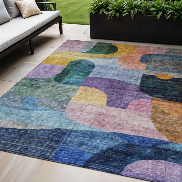 Homeroots 3' Abstract Washable Area Rug In Brown, Blue & Green - Perfect For Indoor & Outdoor Spaces! 5' X 8' Polyester 604361