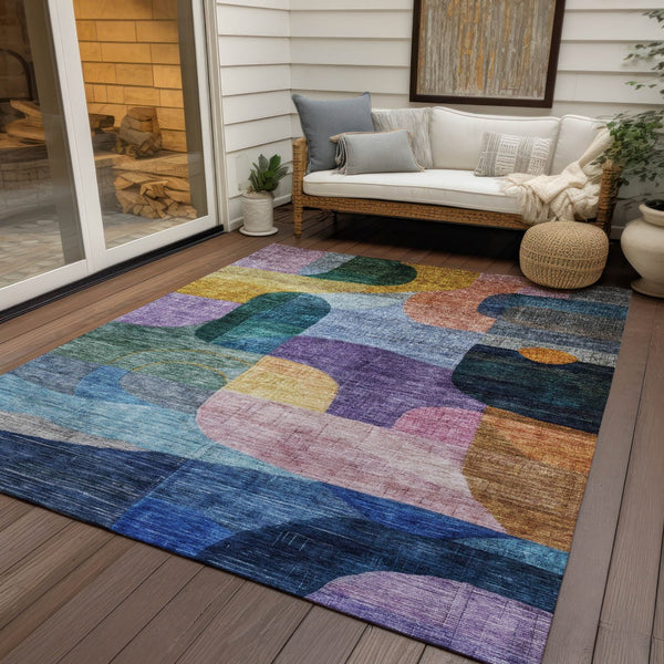 Homeroots 3' Abstract Washable Area Rug In Brown, Blue & Green - Perfect For Indoor & Outdoor Spaces! 5' X 8' Polyester 604361