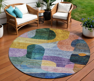 Homeroots 3' Abstract Washable Area Rug In Brown, Blue & Green - Perfect For Indoor & Outdoor Spaces! 8' Round Polyester 604362