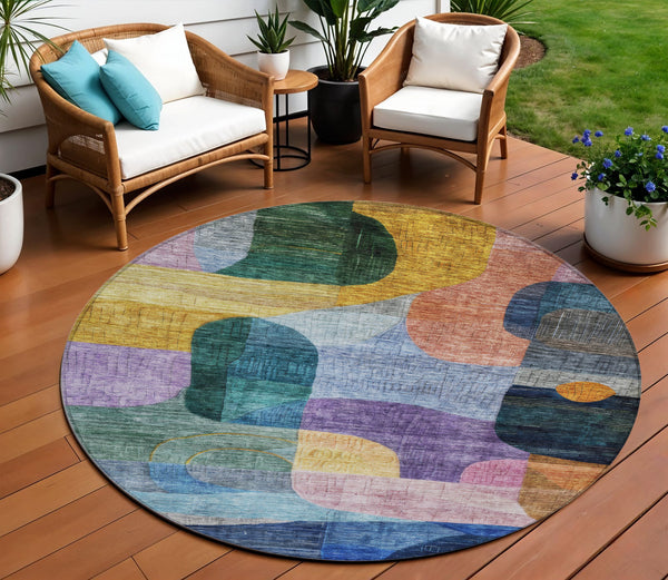 Homeroots 3' Abstract Washable Area Rug In Brown, Blue & Green - Perfect For Indoor & Outdoor Spaces! 8' Round Polyester 604362