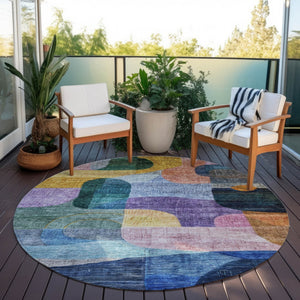 Homeroots 3' Abstract Washable Area Rug In Brown, Blue & Green - Perfect For Indoor & Outdoor Spaces! 8' Round Polyester 604362