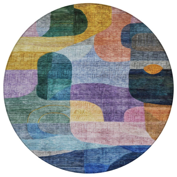 HomeRoots 5' Vibrant Abstract Washable Area Rug – Durable Indoor/Outdoor Decor in Blue, Purple & Green Tones 8' Round 604362
