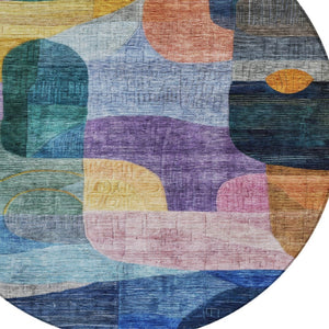 Homeroots 3' Abstract Washable Area Rug In Brown, Blue & Green - Perfect For Indoor & Outdoor Spaces! 8' Round Polyester 604362