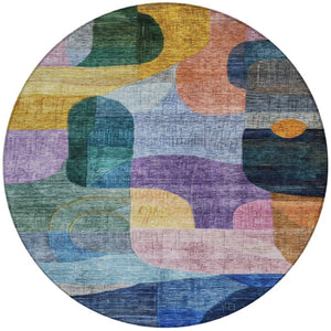 Homeroots 3' Abstract Washable Area Rug In Brown, Blue & Green - Perfect For Indoor & Outdoor Spaces! 8' Round Polyester 604362