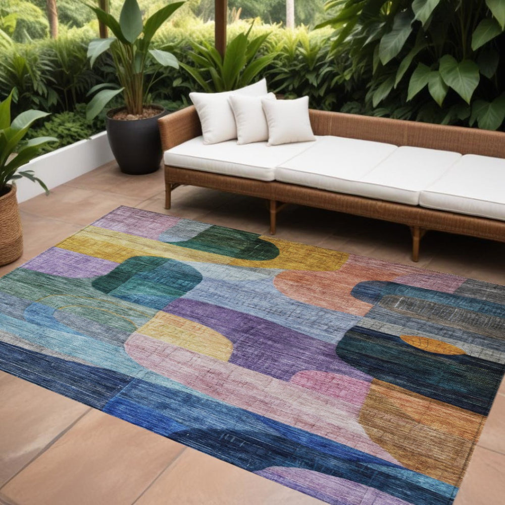 HomeRoots 5' Vibrant Abstract Washable Area Rug – Durable Indoor/Outdoor Decor in Blue, Purple & Green Tones 10' X 14' 604365