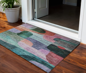 Homeroots 3' Abstract Washable Area Rug In Brown, Blue & Green - Perfect For Indoor & Outdoor Spaces! 3' X 5' Polyester 604366