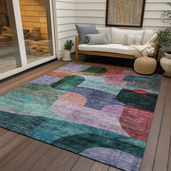 Homeroots 3' Abstract Washable Area Rug In Brown, Blue & Green - Perfect For Indoor & Outdoor Spaces! 3' X 5' Polyester 604366