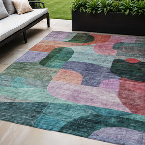 Homeroots 3' Abstract Washable Area Rug In Brown, Blue & Green - Perfect For Indoor & Outdoor Spaces! 5' X 8' Polyester 604367