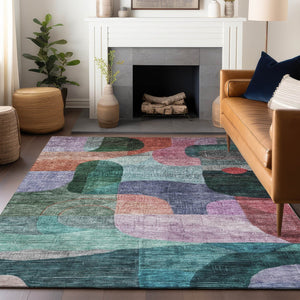 Homeroots 3' Abstract Washable Area Rug In Brown, Blue & Green - Perfect For Indoor & Outdoor Spaces! 5' X 8' Polyester 604367
